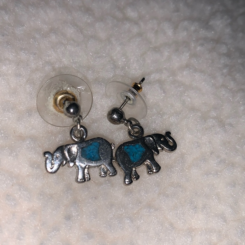 Silver and turquoise teal elephant stud drop earrings - Picture 2 of 6